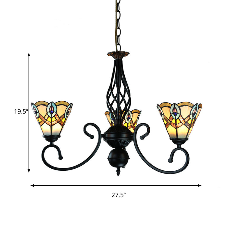 Black Finish Peacock Chandelier Light Stained Glass 3 Lights Rustic Pendant Lamp for Dining Table Clearhalo 'Ceiling Lights' 'Chandeliers' 'Industrial' 'Middle Century Chandeliers' 'Pendant Lights' 'Tiffany Chandeliers' 'Tiffany close to ceiling' 'Tiffany' Lighting' 177775