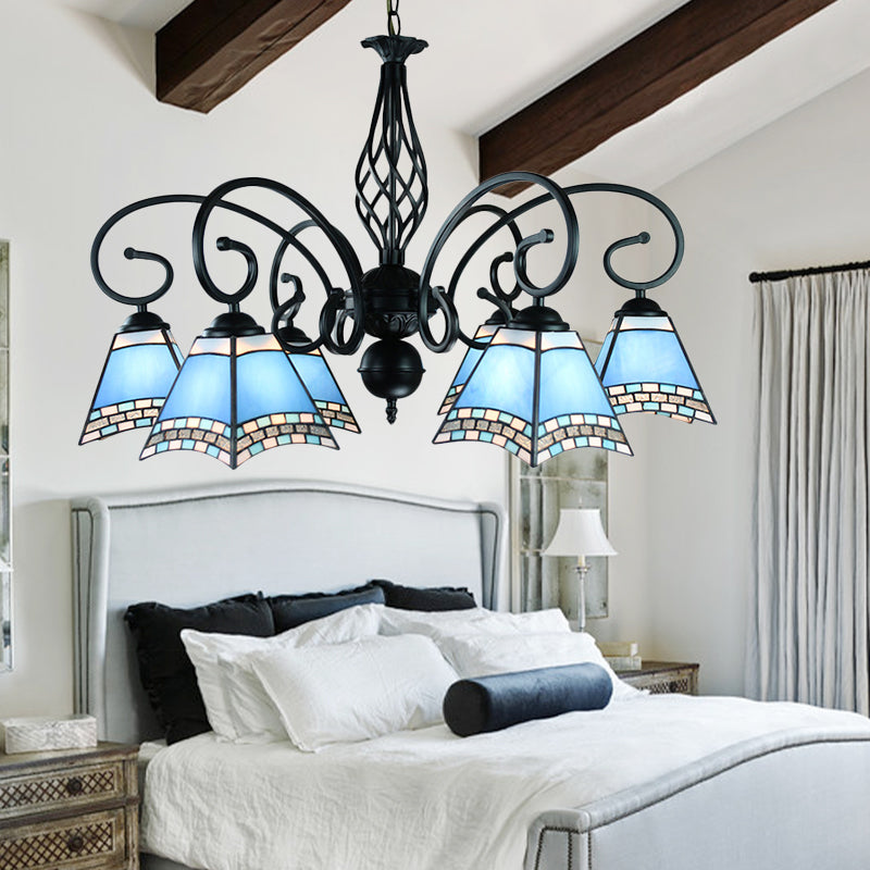 Blue Glass Pyramid Hanging Ceiling Light 6 Lights Nautical Style Suspension Light for Living Room Blue Clearhalo 'Ceiling Lights' 'Chandeliers' 'Industrial' 'Middle Century Chandeliers' 'Tiffany Chandeliers' 'Tiffany close to ceiling' 'Tiffany' Lighting' 177802