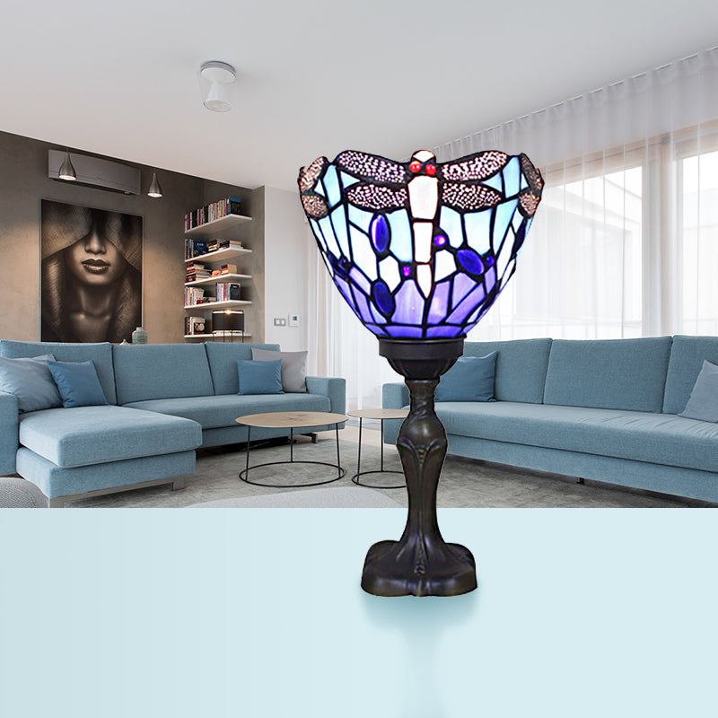 Blue Torch Table Light with Gem/Dragonfly Pattern Tiffany Traditional Stained Glass Desk Lamp for Cafe Living Room Blue Dragonfly Clearhalo 'Lamps' 'Table Lamps' Lighting' 177833