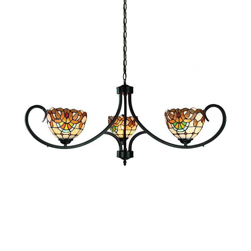 Victorian Bowl Pendant Light with Hanging Chain Stained Glass 3 Lights Chandelier in Beige for Dining Room Clearhalo 'Ceiling Lights' 'Chandeliers' 'Industrial' 'Middle Century Chandeliers' 'Tiffany Chandeliers' 'Tiffany close to ceiling' 'Tiffany' Lighting' 177867