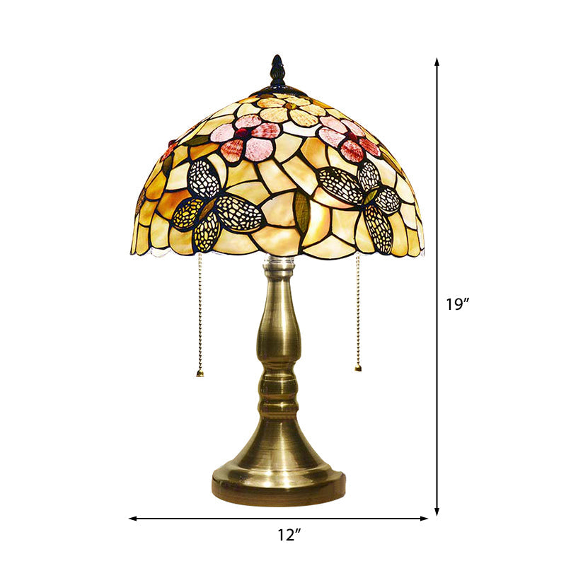 Antique Tiffany Dome Desk Light with Blue Flower/Dragonfly/Butterfly 2 Lights Stained Glass Table Light for Bedroom Clearhalo 'Lamps' 'Table Lamps' Lighting' 177876