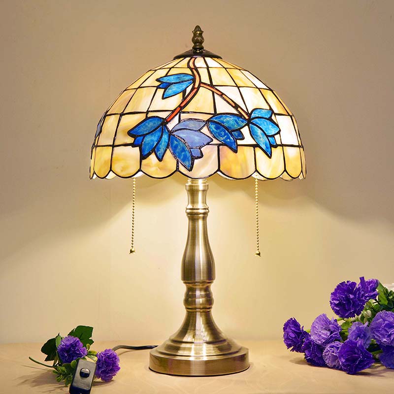 Antique Tiffany Dome Desk Light with Blue Flower/Dragonfly/Butterfly 2 Lights Stained Glass Table Light for Bedroom Brass Blue Flower Clearhalo 'Lamps' 'Table Lamps' Lighting' 177881