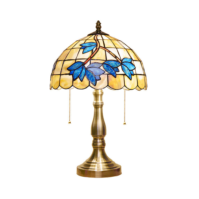 Antique Tiffany Dome Desk Light with Blue Flower/Dragonfly/Butterfly 2 Lights Stained Glass Table Light for Bedroom Clearhalo 'Lamps' 'Table Lamps' Lighting' 177882