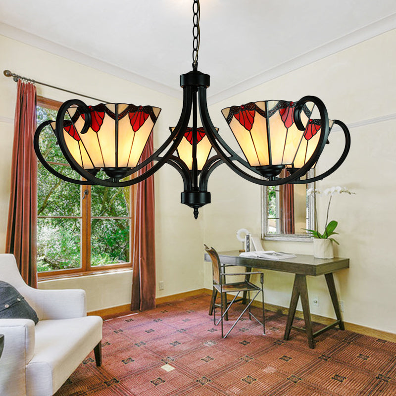 Mission Trapezoid Pendant Light with Metal Chain Height Adjustable Stained Glass 5/6/8 Lights Suspended Light 5 Red Clearhalo 'Ceiling Lights' 'Chandeliers' 'Industrial' 'Middle Century Chandeliers' 'Tiffany Chandeliers' 'Tiffany close to ceiling' 'Tiffany' Lighting' 177924