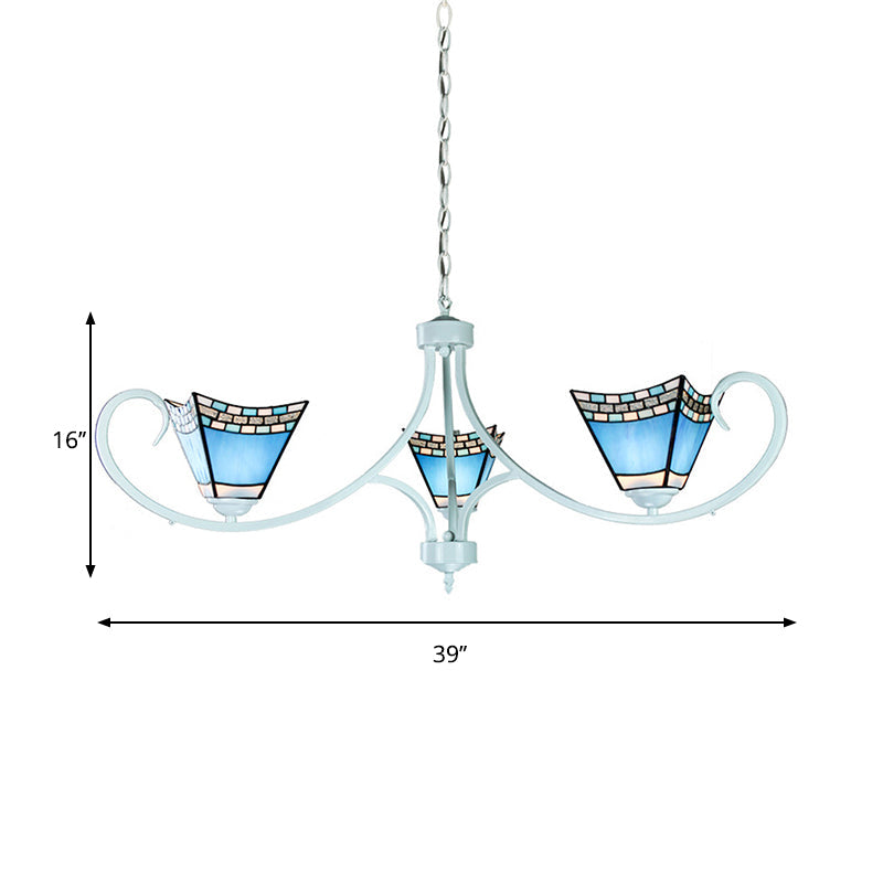 3 Lights Pyramid Hanging Light Blue Glass Nautical Suspended Light for Dining Room Clearhalo 'Ceiling Lights' 'Chandeliers' 'Industrial' 'Middle Century Chandeliers' 'Tiffany Chandeliers' 'Tiffany close to ceiling' 'Tiffany' Lighting' 178005