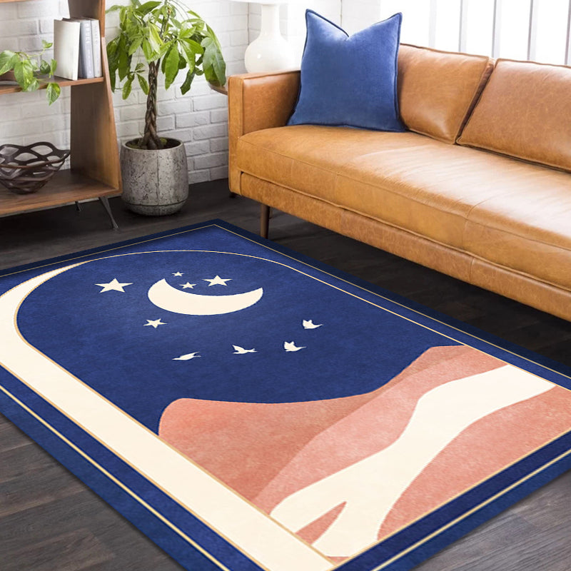 Oriental Moon Pattern Rug Blue and Orange Polyester Rug Non-Slip Backing Washable Pet Friendly Carpet for Home Blue Clearhalo 'Area Rug' 'Modern' 'Rugs' Rug' 1780236