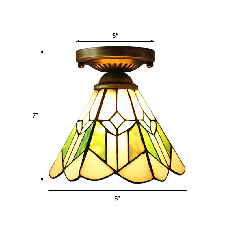 Shuttlecock Foyer Stair Ceiling Mount Light with Rhombus/Leaf Art Glass 1 Bulb Tiffany Ceiling Lamp in Bronze Finish Clearhalo 'Ceiling Lights' 'Close To Ceiling Lights' 'Close to ceiling' 'Glass shade' 'Glass' 'Pendant Lights' 'Semi-flushmount' 'Tiffany close to ceiling' 'Tiffany' Lighting' 178057