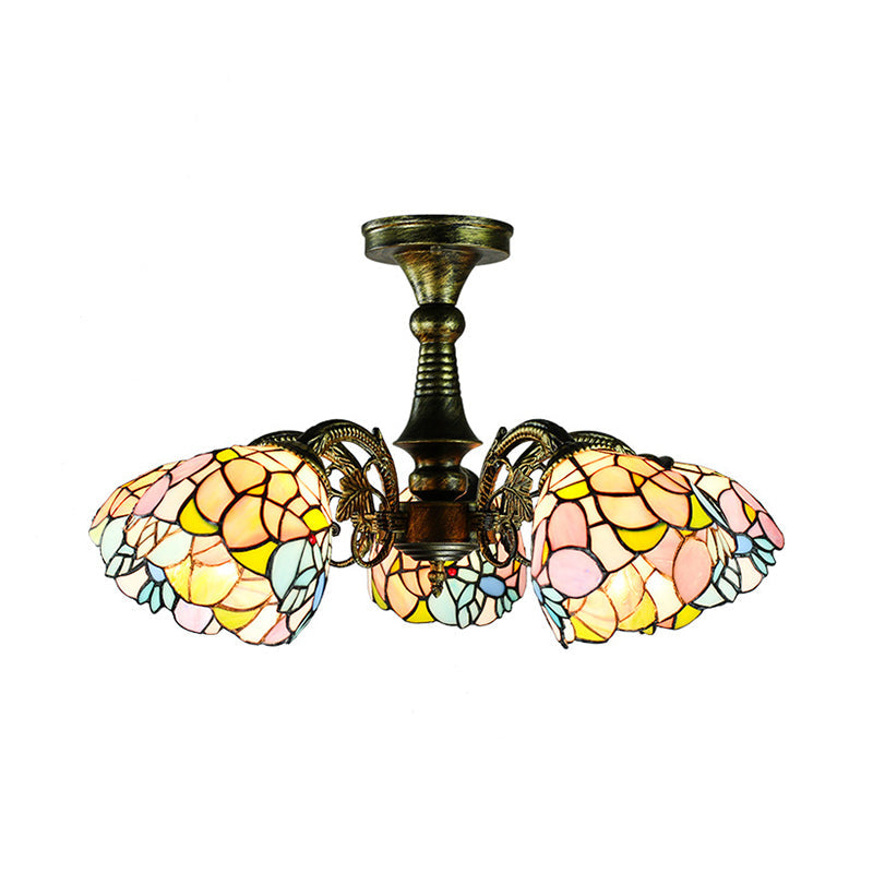 Stained Glass Tiffany Style Leaf/Peacock Tail/Flower Pendant Lighting 3/5 Lights Hanging Ceiling Light in Antique Bronze Clearhalo 'Ceiling Lights' 'Close To Ceiling Lights' 'Close to ceiling' 'Glass shade' 'Glass' 'Semi-flushmount' 'Tiffany close to ceiling' 'Tiffany' Lighting' 178070