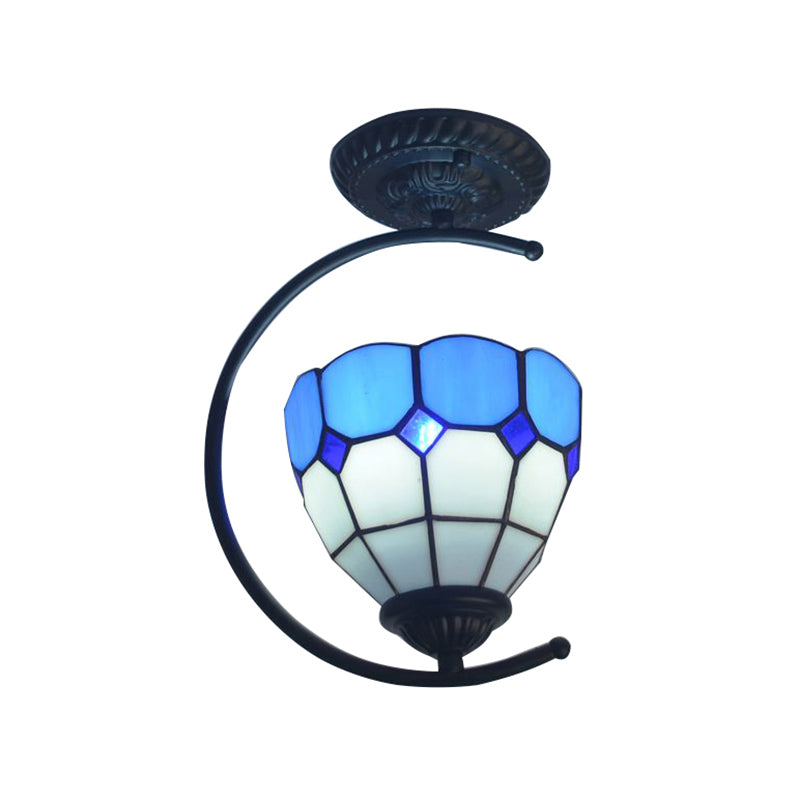 Bedroom Grid Dome Semi Flushmount Light Art Glass 1 Light Tiffany Classic Ceiling Lamp in Sky Blue/Blue Clearhalo 'Ceiling Lights' 'Close To Ceiling Lights' 'Close to ceiling' 'Glass shade' 'Glass' 'Semi-flushmount' 'Tiffany close to ceiling' 'Tiffany' Lighting' 178083