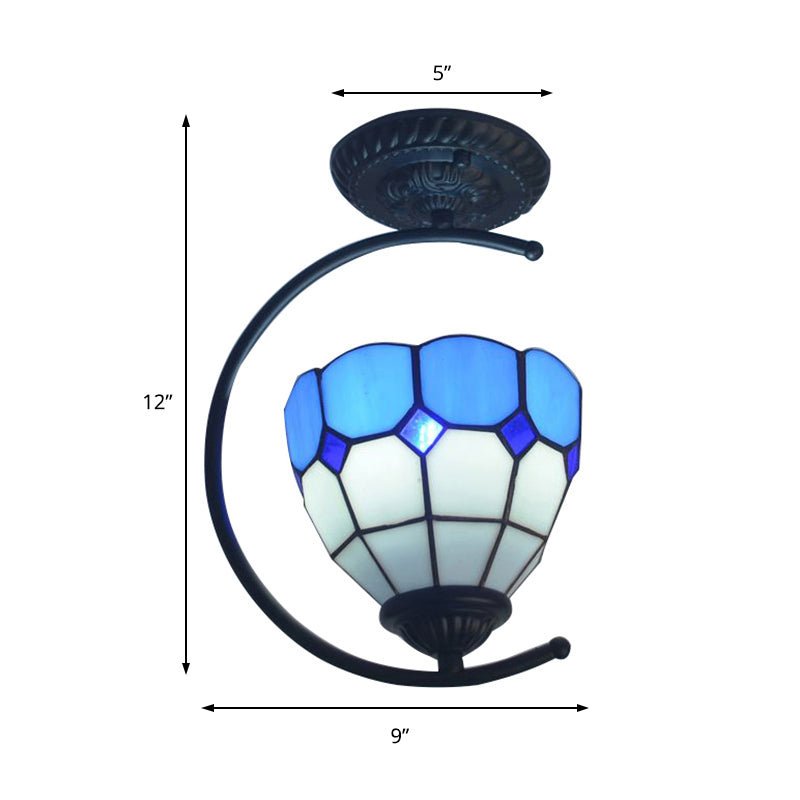 Bedroom Grid Dome Semi Flushmount Light Art Glass 1 Light Tiffany Classic Ceiling Lamp in Sky Blue/Blue Clearhalo 'Ceiling Lights' 'Close To Ceiling Lights' 'Close to ceiling' 'Glass shade' 'Glass' 'Semi-flushmount' 'Tiffany close to ceiling' 'Tiffany' Lighting' 178084