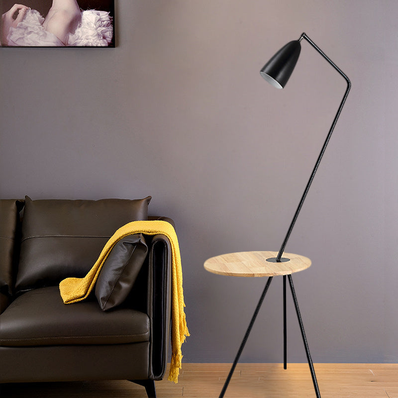 Metal Elongated Floor Reading Light Simple 1 Bulb Black/Pink/Yellow Tripod Floor Standing Lighting with Shelf for Living Room Black Clearhalo 'Floor Lamps' 'Lamps' Lighting' 1781257