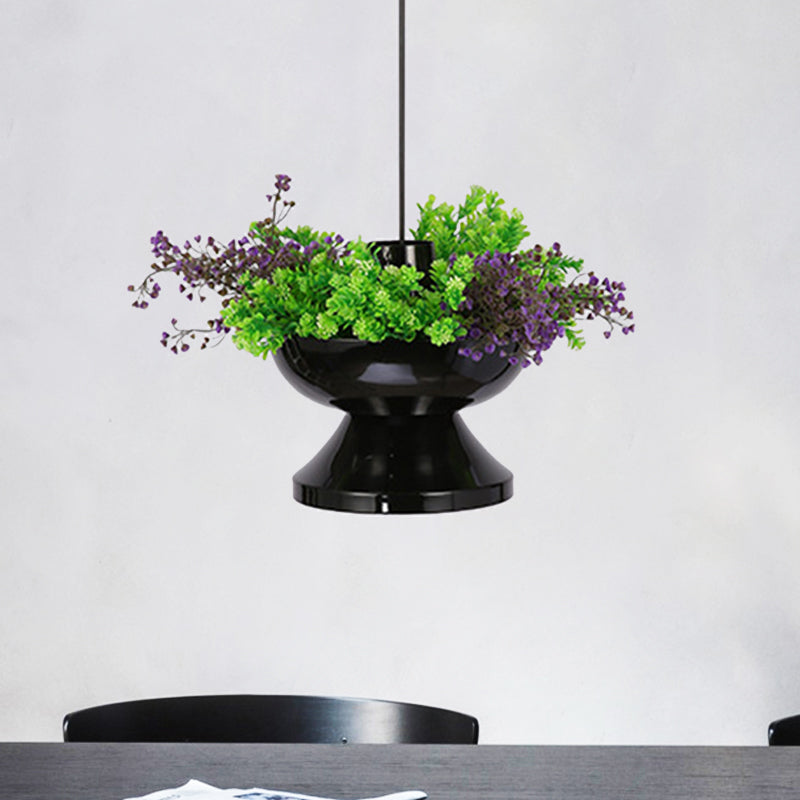 Metal Hot Pot Drop Pendant Farmhouse 1 Head Dining Room LED Hanging Ceiling Light in Black with Artificial Plant Deco Clearhalo 'Ceiling Lights' 'Pendant Lights' 'Pendants' Lighting' 1781331