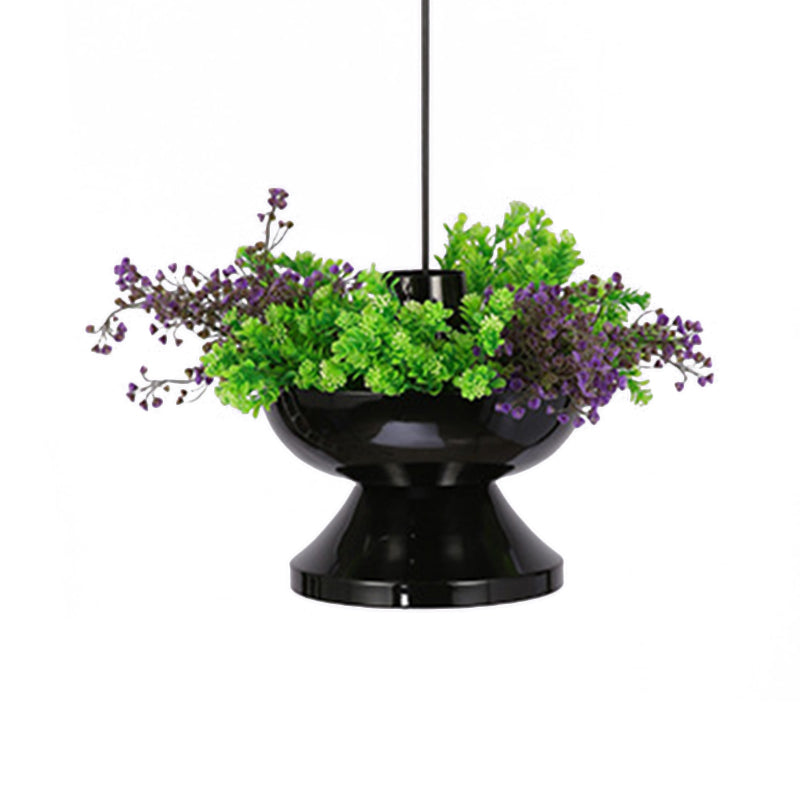 Metal Hot Pot Drop Pendant Farmhouse 1 Head Dining Room LED Hanging Ceiling Light in Black with Artificial Plant Deco Clearhalo 'Ceiling Lights' 'Pendant Lights' 'Pendants' Lighting' 1781333