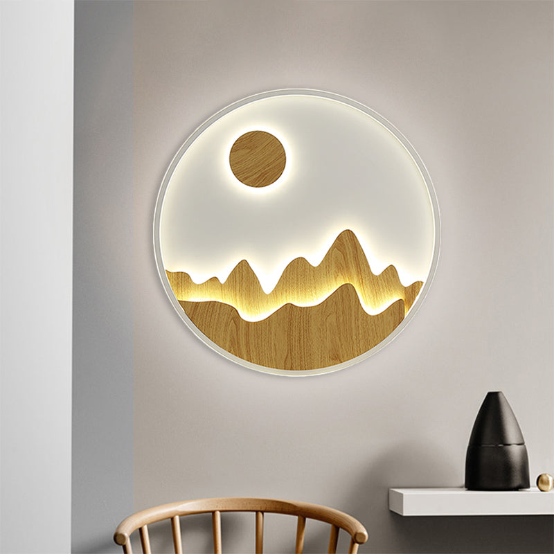 Wooden Circular Wall Mural Lamp Asia Mountain and Sun LED Wall Lighting Ideas in Yellow Clearhalo 'Wall Lamps & Sconces' 'Wall Lights' Lighting' 1781377