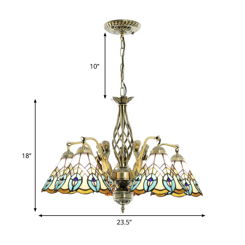 5 Lights Hanging Chandelier Tiffany Peacock Stained Glass Pendant Light Fixture in White Clearhalo 'Ceiling Lights' 'Chandeliers' 'Industrial' 'Middle Century Chandeliers' 'Pendant Lights' 'Tiffany Chandeliers' 'Tiffany close to ceiling' 'Tiffany' Lighting' 178147