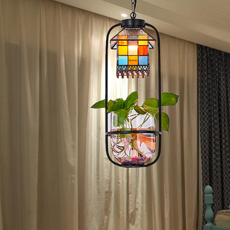 House Shaped Hanging Lamp Kit Tiffany Style Stainless Glass 1 Head Black Finish Ceiling Light with Planting Black Clearhalo 'Ceiling Lights' 'Close To Ceiling Lights' 'Industrial' 'Middle Century Pendants' 'Pendant Lights' 'Pendants' 'Tiffany close to ceiling' 'Tiffany Pendants' 'Tiffany' Lighting' 178153