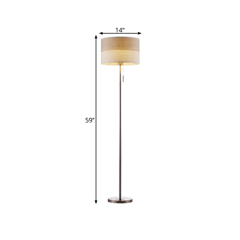 Beige Cylinder Floor Standing Lamp Minimal Fabric 1 Light Fabric Reading Floor Light with Pull Chain Clearhalo 'Floor Lamps' 'Lamps' Lighting' 1781548