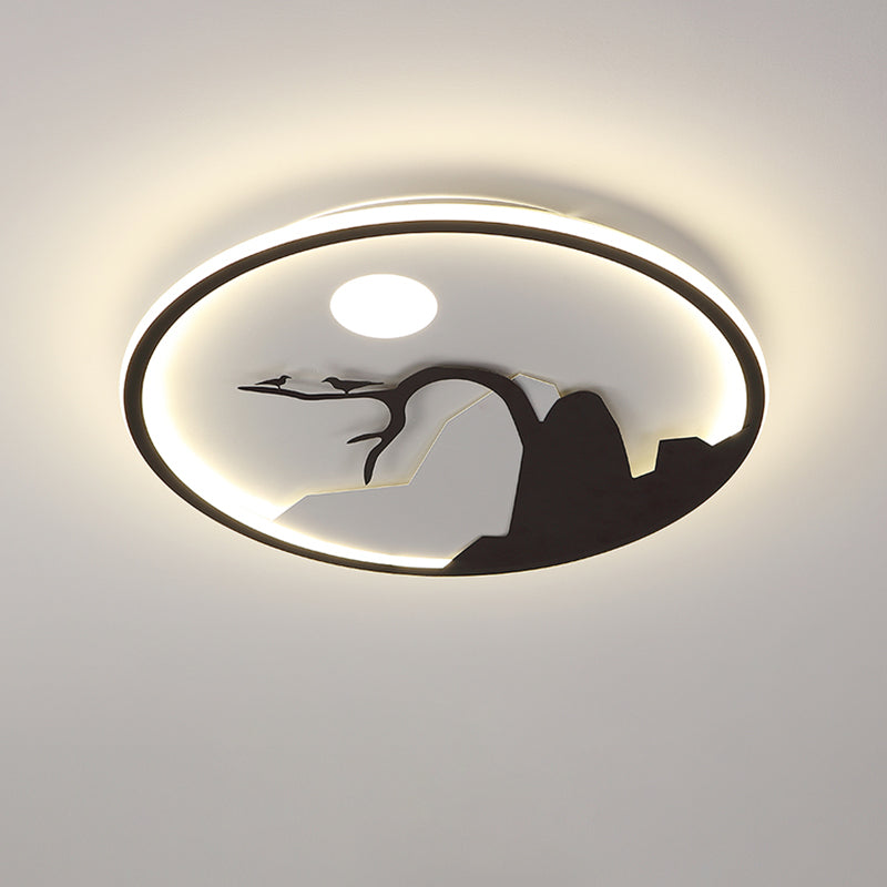 Metallic Round Wall Mounted Light Asian Style LED Wall Mural Lamp with Moon and Bird/Lotus Pattern in Black Clearhalo 'Wall Lamps & Sconces' 'Wall Lights' Lighting' 1781775