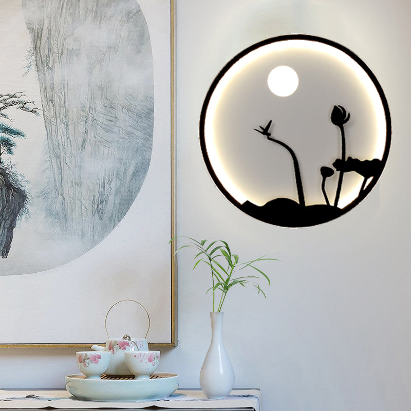 Metallic Round Wall Mounted Light Asian Style LED Wall Mural Lamp with Moon and Bird/Lotus Pattern in Black Clearhalo 'Wall Lamps & Sconces' 'Wall Lights' Lighting' 1781778