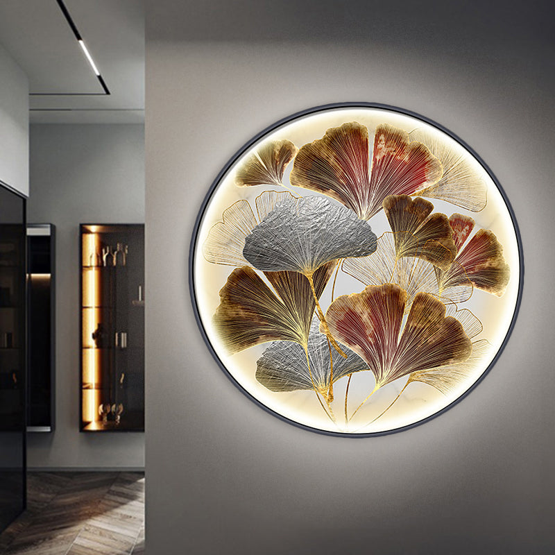 Asia LED Ginkgo Leaf Flush Wall Sconce Gold Circular Wall Mural Lighting with Metallic Shade Gold Clearhalo 'Wall Lamps & Sconces' 'Wall Lights' Lighting' 1781828