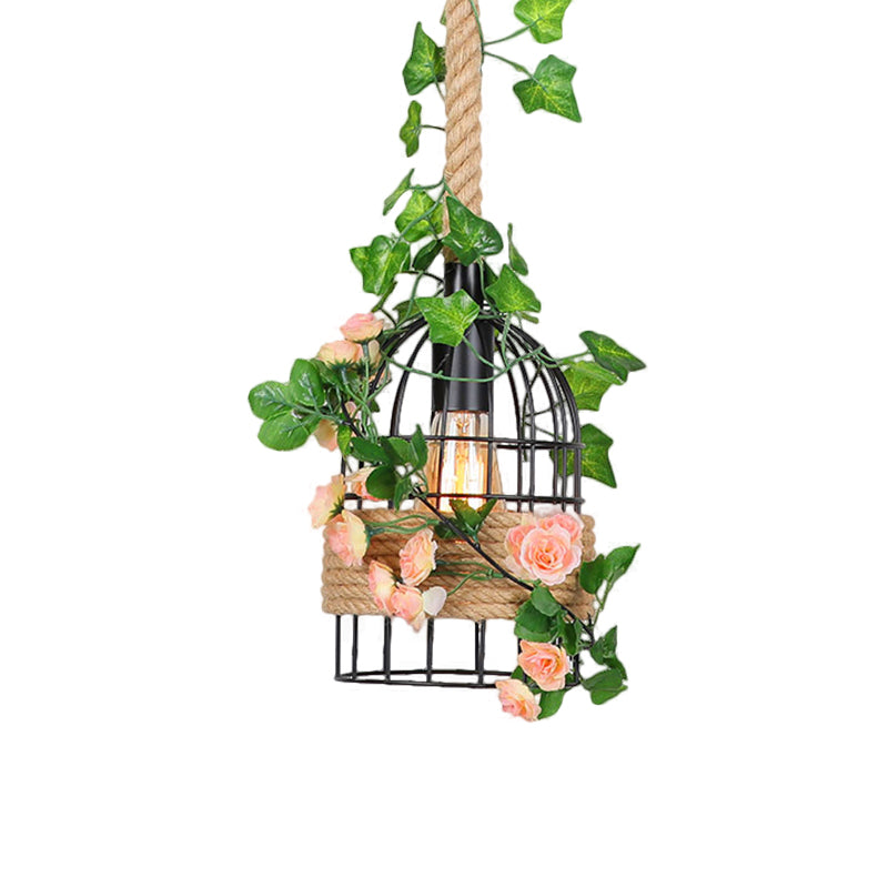 Birdcage Dining Room Ceiling Hang Fixture Antiqued Metal 1 Light Black Rose Pendant Lighting with Rope Rod Clearhalo 'Ceiling Lights' 'Pendant Lights' 'Pendants' Lighting' 1781838