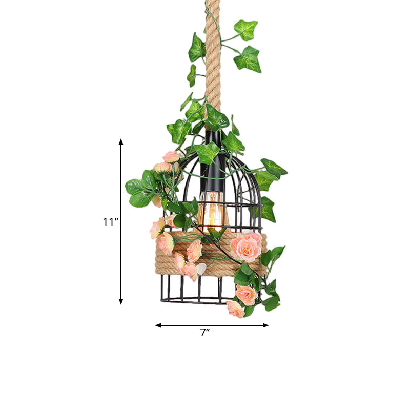 Birdcage Dining Room Ceiling Hang Fixture Antiqued Metal 1 Light Black Rose Pendant Lighting with Rope Rod Clearhalo 'Ceiling Lights' 'Pendant Lights' 'Pendants' Lighting' 1781839