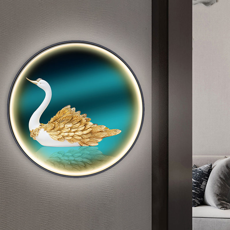 LED Parlor Swan Wall Mounted Light Asian Green Wall Mural Sconce with Round Metal Shade, Left/Right Clearhalo 'Wall Lamps & Sconces' 'Wall Lights' Lighting' 1781895