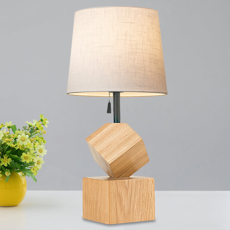 Beige/Brown Barrel Nightstand Lamp Simple 1 Head Fabric Night Table Light with Wood Cubic Base Clearhalo 'Lamps' 'Table Lamps' Lighting' 1781988
