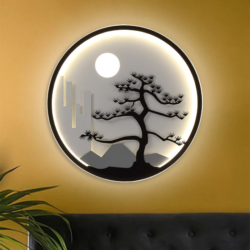 Metal Circular Wall Mural Mount Lighting Asia LED Black Wall Light with Moon and Tree Pattern Clearhalo 'Wall Lamps & Sconces' 'Wall Lights' Lighting' 1782015