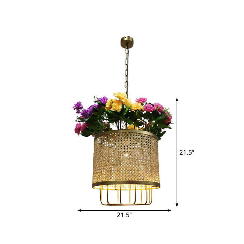 Loft Cylinder Pendant Ceiling Light 1 Light Metal Hanging Lamp Kit in Beige with Floral Deco Clearhalo 'Ceiling Lights' 'Pendant Lights' 'Pendants' Lighting' 1782030