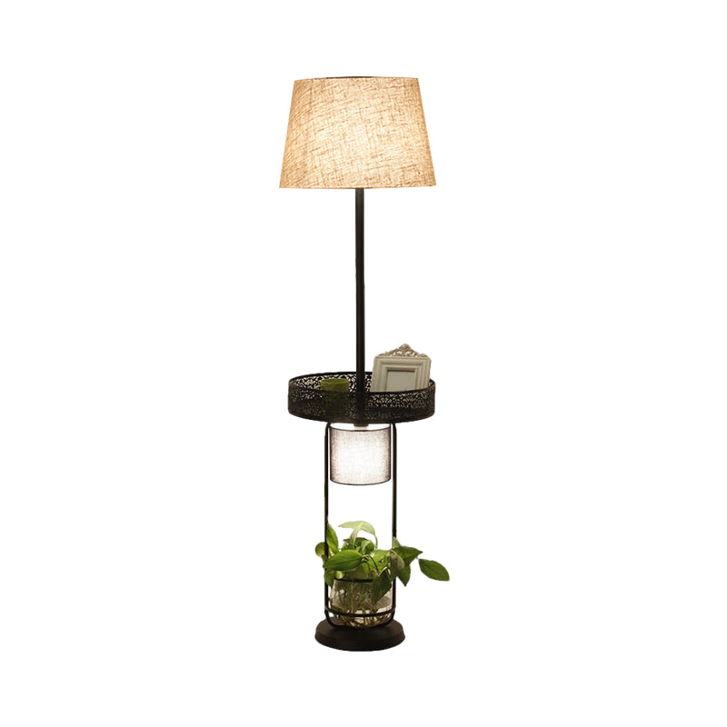 Flaxen Drum Floor Lamp Industrial Fabric 1 Head Living Room Reading Floor Light with Planter Deco Clearhalo 'Floor Lamps' 'Lamps' Lighting' 1782033