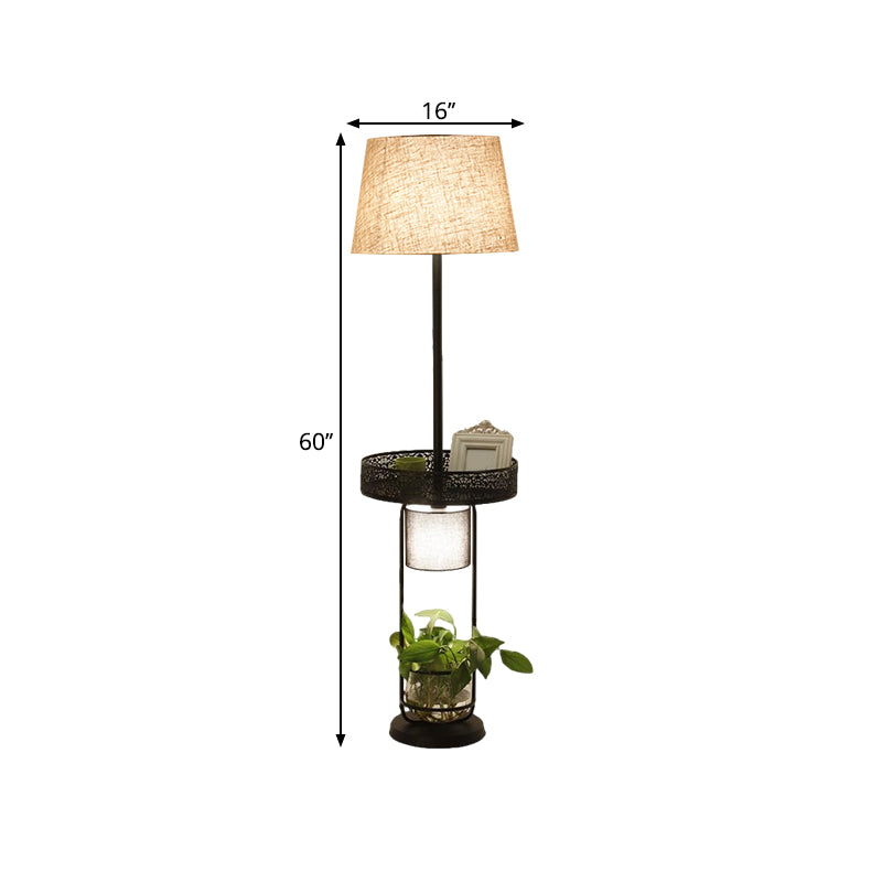 Flaxen Drum Floor Lamp Industrial Fabric 1 Head Living Room Reading Floor Light with Planter Deco Clearhalo 'Floor Lamps' 'Lamps' Lighting' 1782034