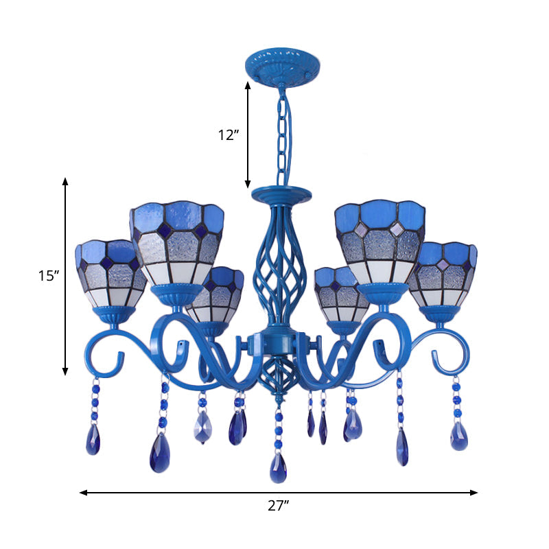 6/8 Lights Blue Pendant Lighting Nautical Tiffany Stained Glass Indoor Chandelier Light with 12