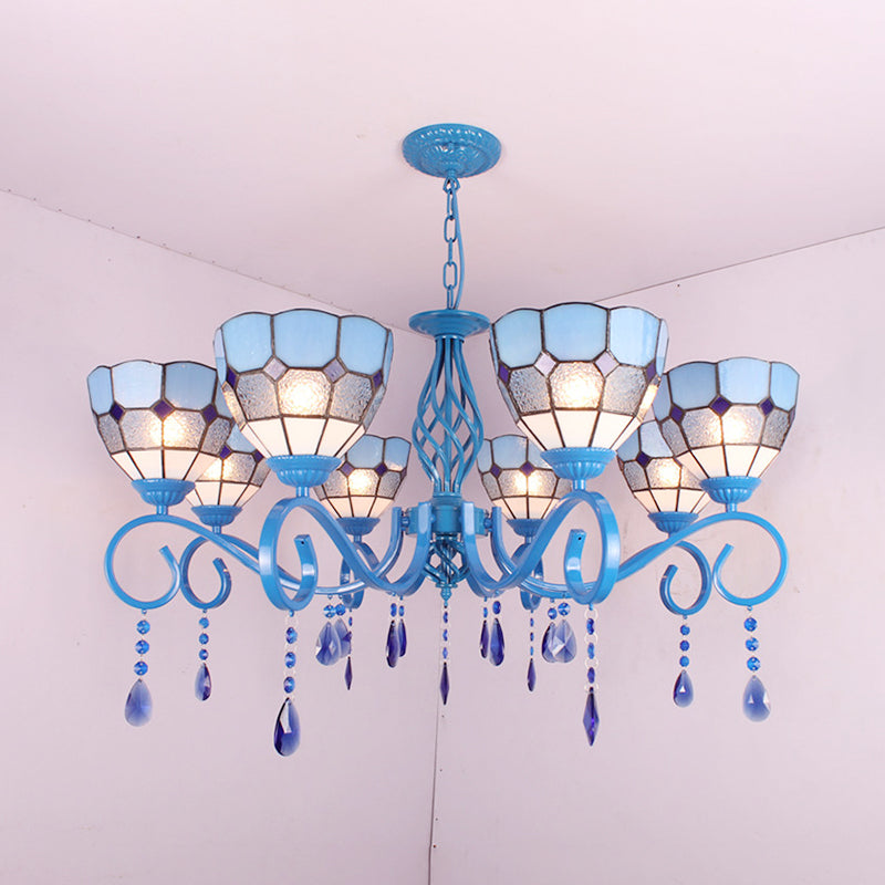 6/8 Lights Blue Pendant Lighting Nautical Tiffany Stained Glass Indoor Chandelier Light with 12