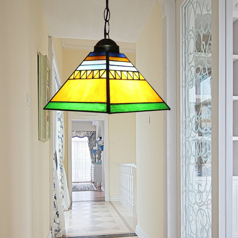 Yellow/Pink Pyramid Hanging Pendant Light Tiffany 1 Bulb Stained Art Glass Ceiling Hang Fixture for Hallway Yellow Clearhalo 'Ceiling Lights' 'Chandeliers' 'Industrial' 'Middle Century Pendants' 'Pendant Lights' 'Pendants' 'Tiffany close to ceiling' 'Tiffany Pendants' 'Tiffany' Lighting' 178301