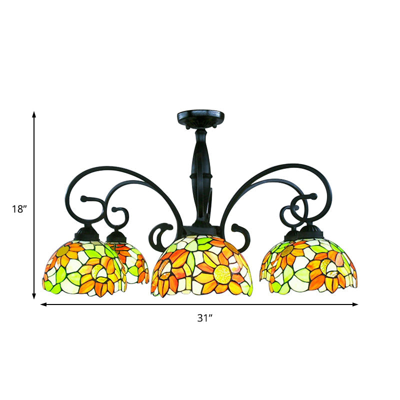 3/6 Lights Bowl Living Room Chandelier Stained Glass Tiffany Rustic Pendant Light with Orange Sunflower Clearhalo 'Ceiling Lights' 'Close To Ceiling Lights' 'Close to ceiling' 'Glass shade' 'Glass' 'Semi-flushmount' 'Tiffany close to ceiling' 'Tiffany' Lighting' 178359