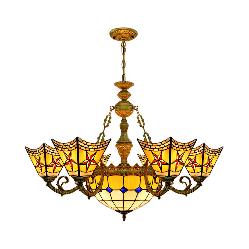 Tiffany Antique Craftsman Chandelier Stained Glass Yellow Pendant Light with Centre Bowl for Hotel Clearhalo 'Ceiling Lights' 'Chandeliers' 'Close To Ceiling Lights' 'Industrial' 'Middle Century Chandeliers' 'Tiffany Chandeliers' 'Tiffany close to ceiling' 'Tiffany' Lighting' 178381