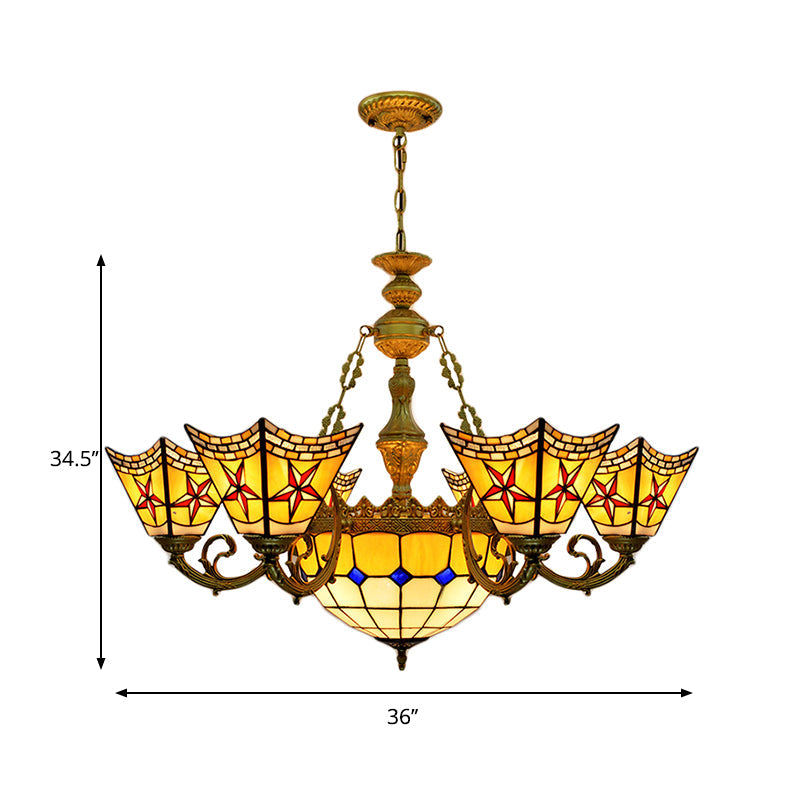 Tiffany Antique Craftsman Chandelier Stained Glass Yellow Pendant Light with Centre Bowl for Hotel Clearhalo 'Ceiling Lights' 'Chandeliers' 'Close To Ceiling Lights' 'Industrial' 'Middle Century Chandeliers' 'Tiffany Chandeliers' 'Tiffany close to ceiling' 'Tiffany' Lighting' 178382