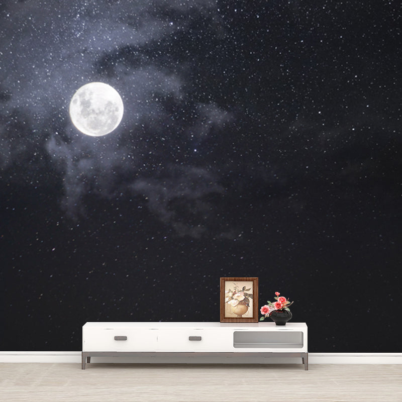 Moon and Starry Sky Mural Wallpaper in White on Black Contemporary Wall Art for Home Black Clearhalo 'Wall Decor' 'Wall Mural' 1783839