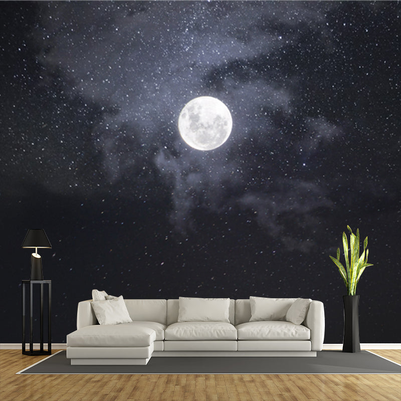 Moon and Starry Sky Mural Wallpaper in White on Black Contemporary Wall Art for Home Clearhalo 'Wall Decor' 'Wall Mural' 1783840