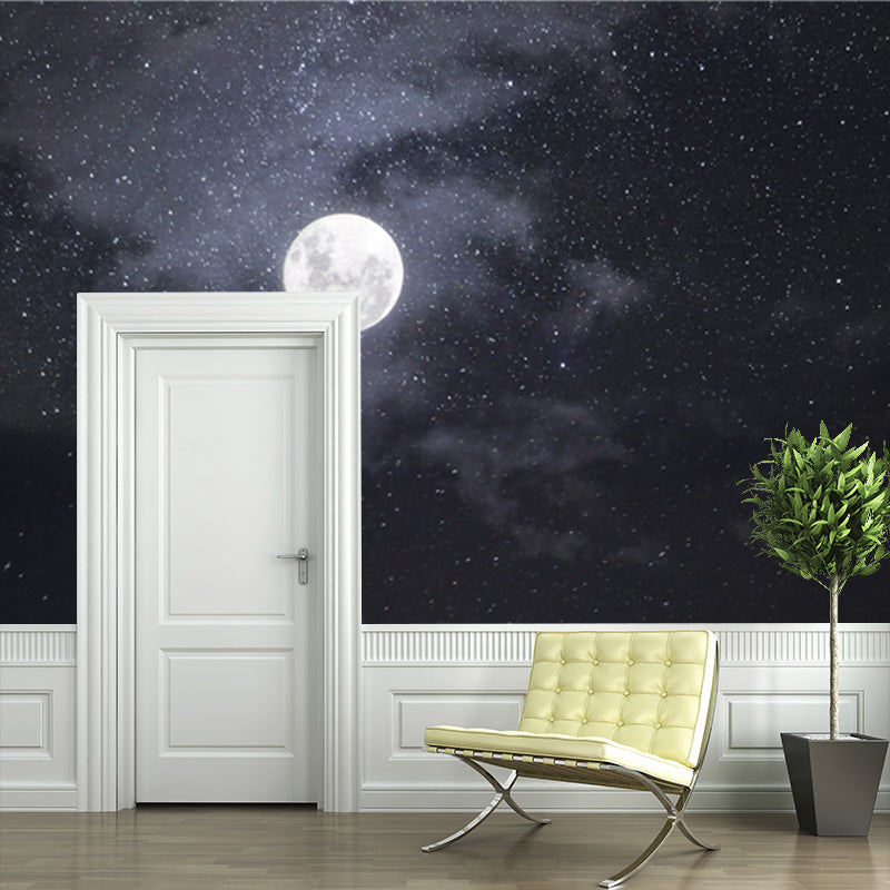 Moon and Starry Sky Mural Wallpaper in White on Black Contemporary Wall Art for Home Clearhalo 'Wall Decor' 'Wall Mural' 1783841