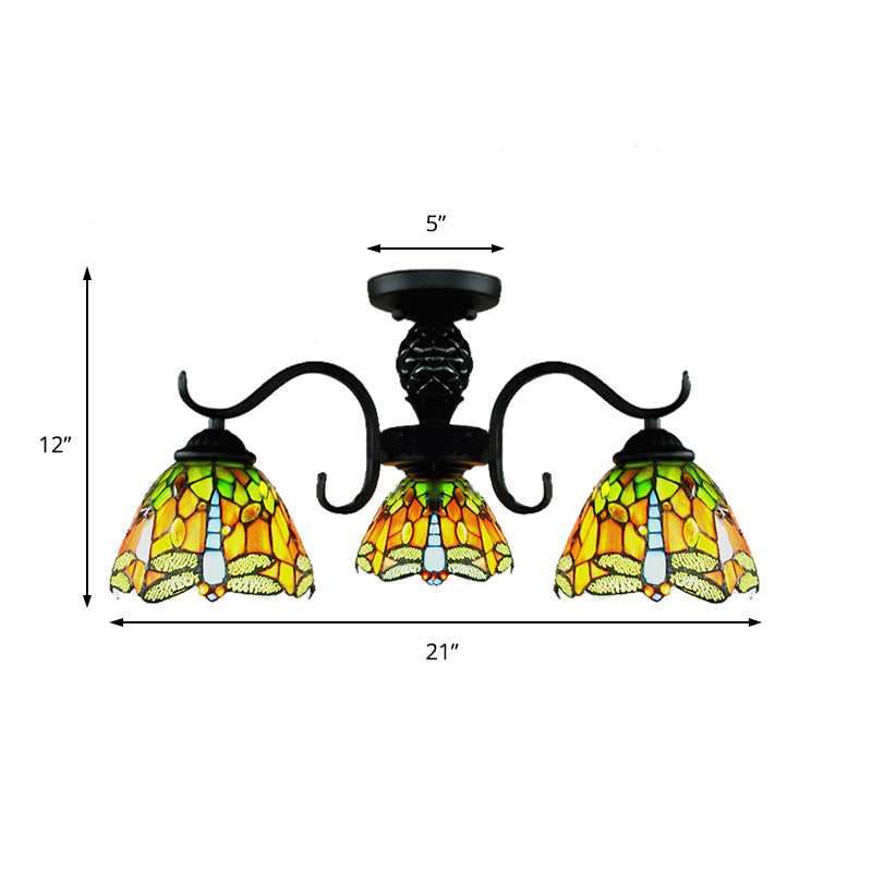 Rustic Tiffany Dragonfly Chandelier 3 Lights Stained Glass Pendant Light in Orange for Villa Clearhalo 'Ceiling Lights' 'Close To Ceiling Lights' 'Close to ceiling' 'Glass shade' 'Glass' 'Pendant Lights' 'Semi-flushmount' 'Tiffany close to ceiling' 'Tiffany' Lighting' 178396