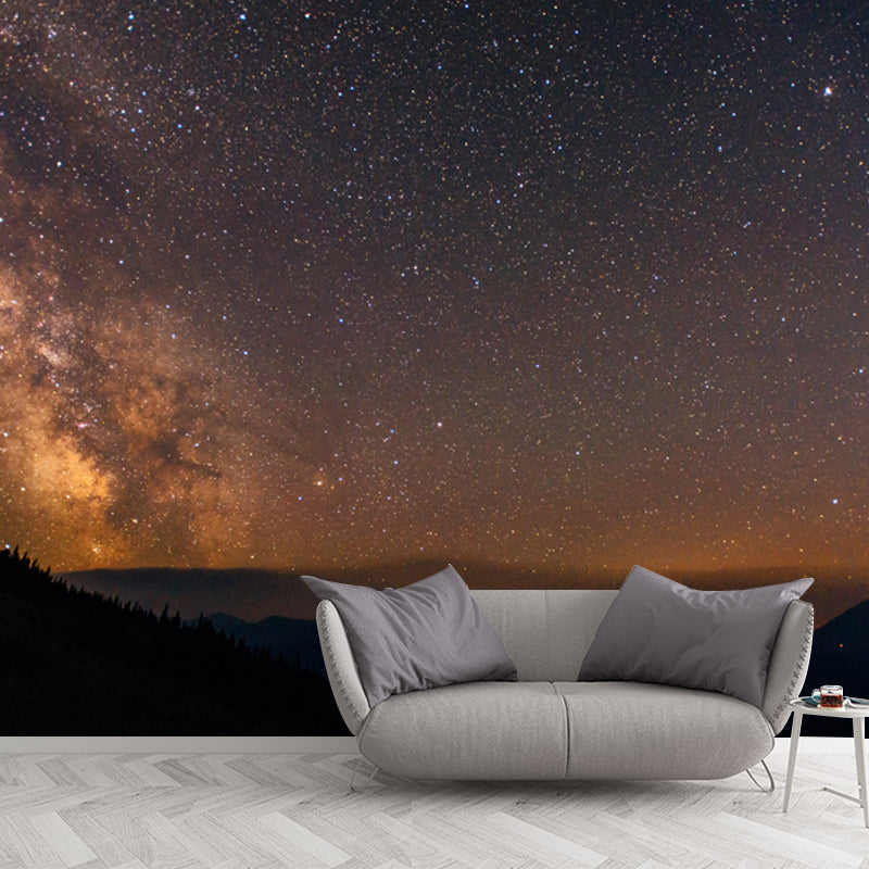 Whole Night Mountain Stargazing Mural Bedroom Starry Sky Wall Covering in Yellow-Black, Size Optional Yellow-Black Clearhalo 'Wall Decor' 'Wall Mural' 1784003