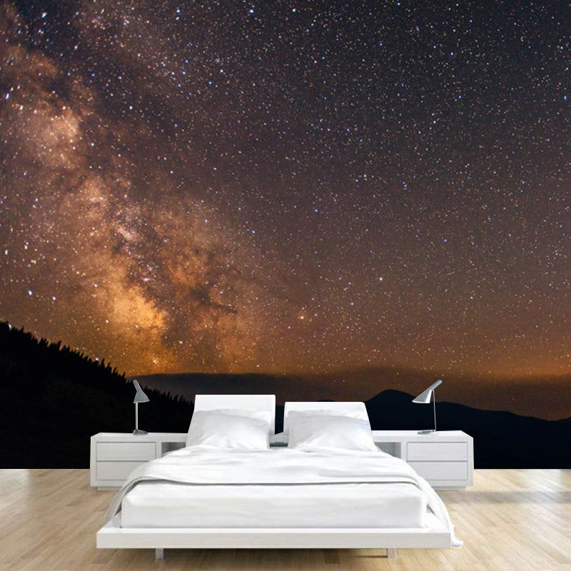 Whole Night Mountain Stargazing Mural Bedroom Starry Sky Wall Covering in Yellow-Black, Size Optional Clearhalo 'Wall Decor' 'Wall Mural' 1784004