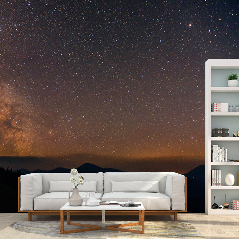 Whole Night Mountain Stargazing Mural Bedroom Starry Sky Wall Covering in Yellow-Black, Size Optional Clearhalo 'Wall Decor' 'Wall Mural' 1784005