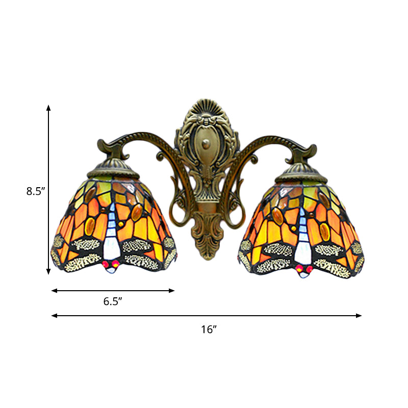 Tiffany Rustic Dragonfly Wall Lamp Stained Glass 2 Bulbs Orange Wall Sconce for Coffee Shop Clearhalo 'Industrial' 'Middle century wall lights' 'Tiffany wall lights' 'Tiffany' 'Wall Lamps & Sconces' 'Wall Lights' Lighting' 178404