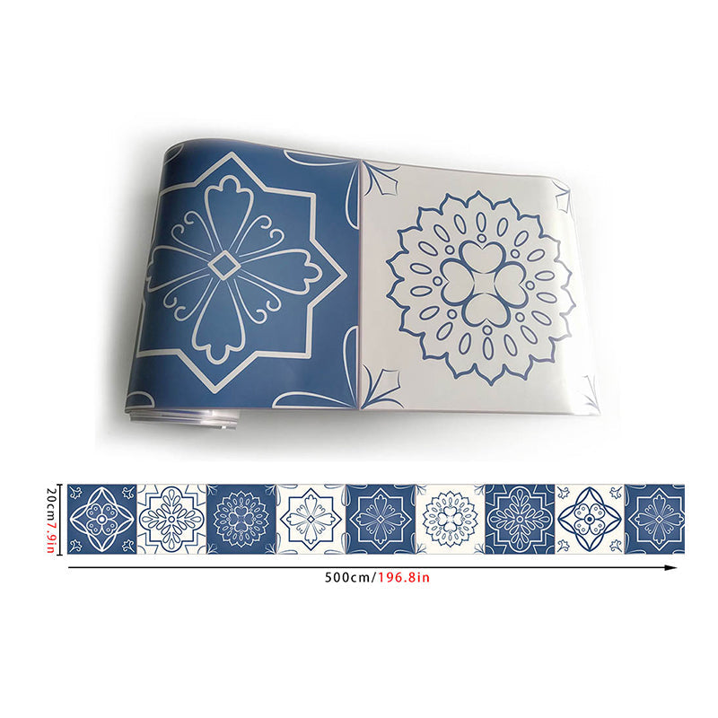 Flower Mandala Tiles Wallpaper Border Bohemian PVC Wall Art in Blue and White, Peel off Clearhalo 'Wall Decor' 'Wallpaper' 1784151