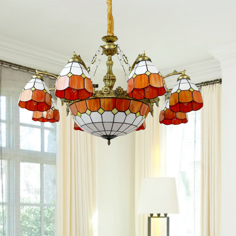 9/13 Lights Grid Dome Hotel Hanging Light Art Glass Tiffany Vintage Chandelier in Orange for Hallway 9 Orange Clearhalo 'Ceiling Lights' 'Chandeliers' 'Industrial' 'Middle Century Chandeliers' 'Tiffany Chandeliers' 'Tiffany close to ceiling' 'Tiffany' Lighting' 178418