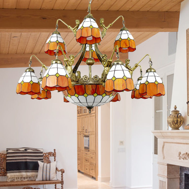 9/13 Lights Grid Dome Hotel Hanging Light Art Glass Tiffany Vintage Chandelier in Orange for Hallway 13 Orange Clearhalo 'Ceiling Lights' 'Chandeliers' 'Industrial' 'Middle Century Chandeliers' 'Tiffany Chandeliers' 'Tiffany close to ceiling' 'Tiffany' Lighting' 178422