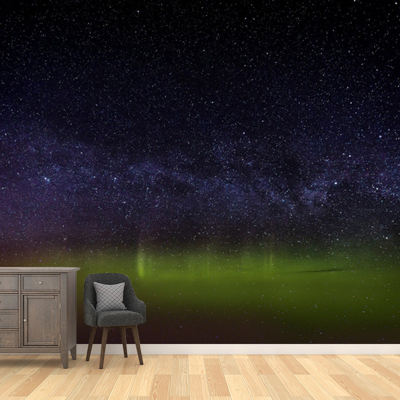 Galaxy Star Above Aurora Mural Modern Art Non-Woven Wall Covering in Black-Green Black-Green Clearhalo 'Wall Decor' 'Wall Mural' 1784284